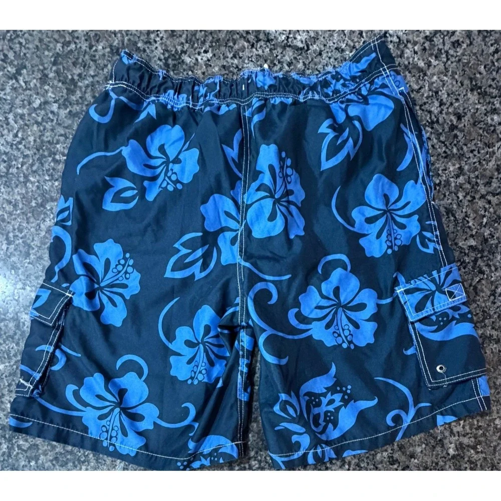Merona Mens Blue Hibiscus Floral‎ Swim Trunks Cargo Pocket Board Shorts Large
